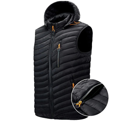 Men's insulated puffer vest with a practical detachable hood, perfect for cold weather layering.