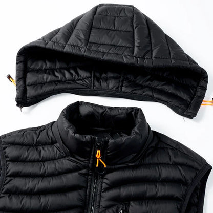 Sleeveless insulated puffer vest for men, designed for cold weather with a detachable hood and secure zip pockets.