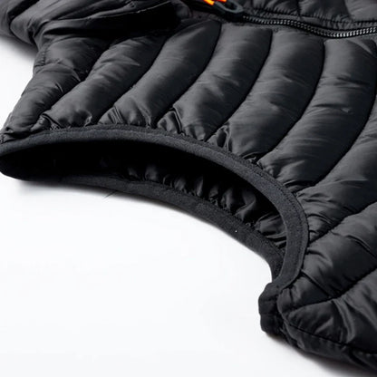 Men's insulated cold weather vest, water-resistant with a detachable hood, perfect for layering and outdoor protection.