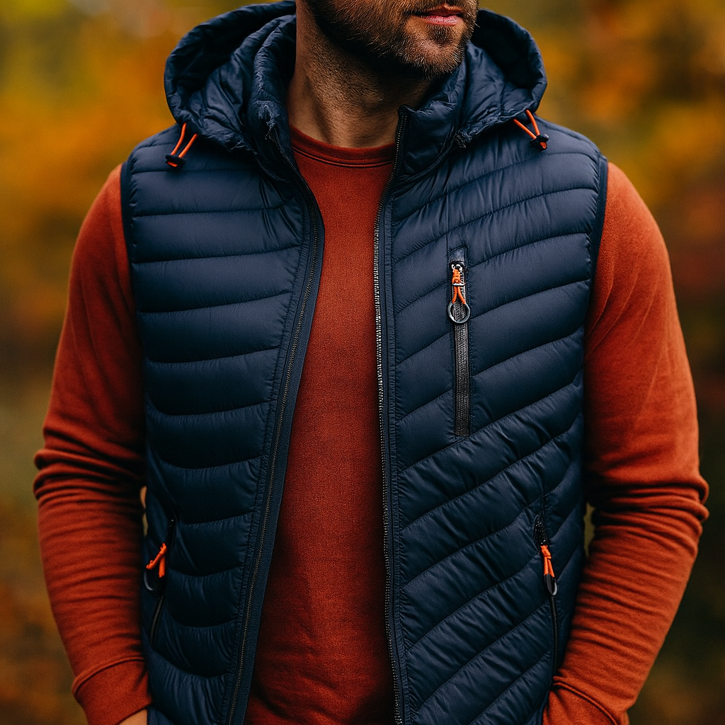 Lightweight men's puffer vest, water-resistant, featuring a warm insulated design and detachable hood.