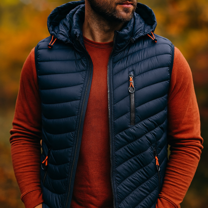 Lightweight men's puffer vest, water-resistant, featuring a warm insulated design and detachable hood.