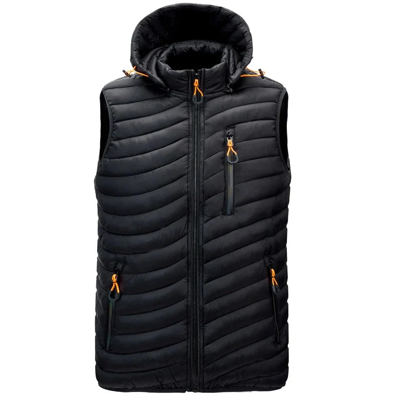 Outdoor men's winter vest with zip pockets, insulated warmth, and a versatile detachable hood for active wear.