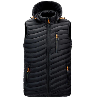 Outdoor men's winter vest with zip pockets, insulated warmth, and a versatile detachable hood for active wear.