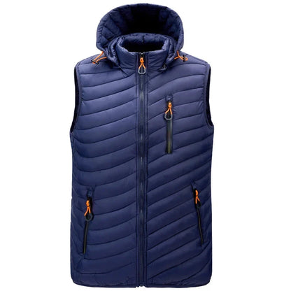 Stylish men's sleeveless puffer jacket, insulated for warmth, ideal for casual layering, with a detachable hood.