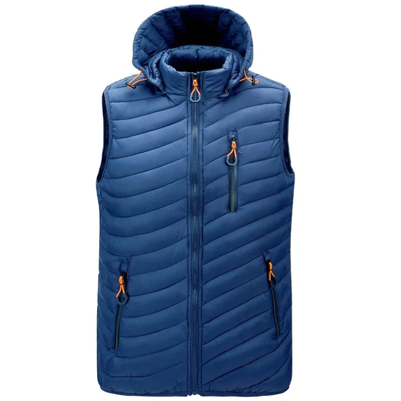 Men's cold weather insulated puffer vest, featuring secure zip pockets and a convenient detachable hood.