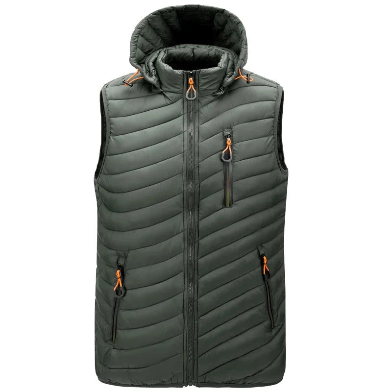 Durable men's outdoor insulated vest, water-resistant, with a detachable hood for versatile cold weather protection.
