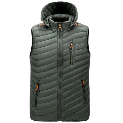 Durable men's outdoor insulated vest, water-resistant, with a detachable hood for versatile cold weather protection.