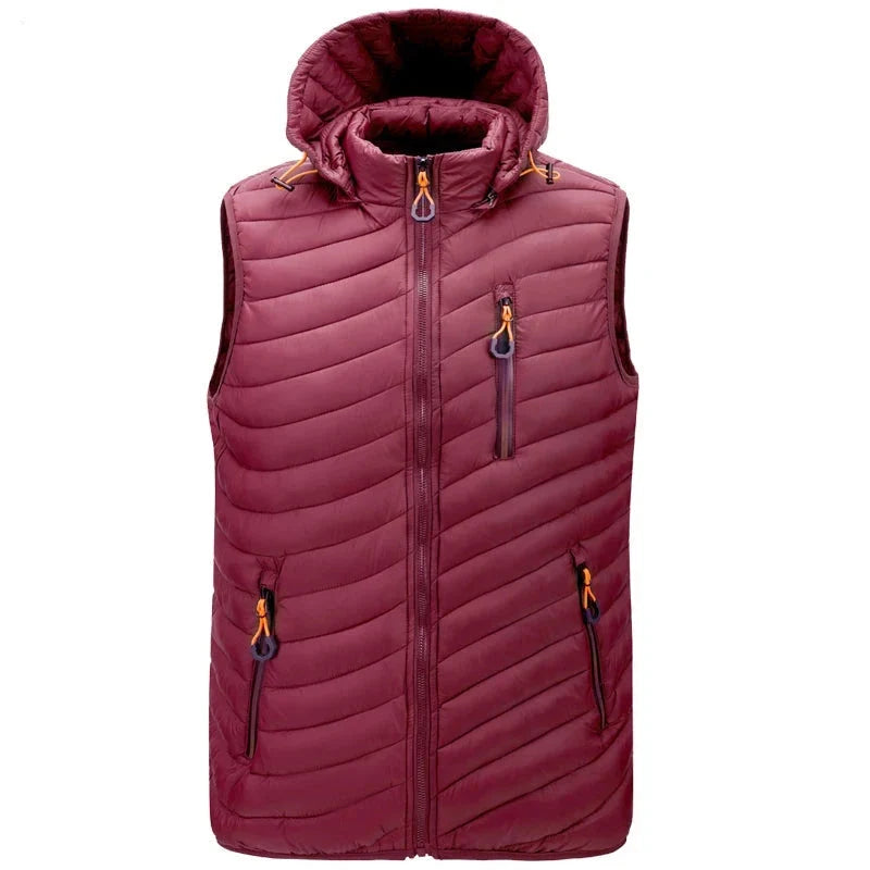 Warm men's insulated puffer vest, excellent for layering, complete with a comfortable detachable hood.