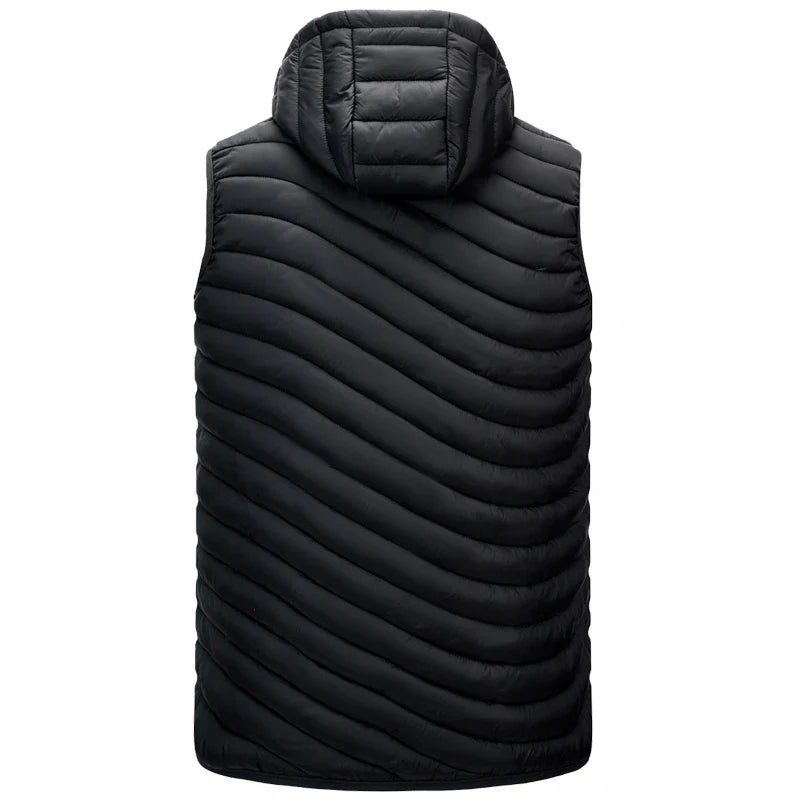 Practical men's winter puffer vest, lightweight yet warm, featuring zip pockets and a detachable hood for adaptability.