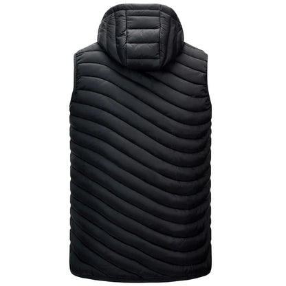 Practical men's winter puffer vest, lightweight yet warm, featuring zip pockets and a detachable hood for adaptability.