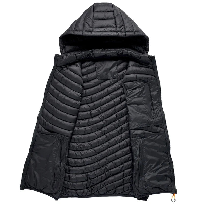Men's insulated puffer vest with a detachable hood, perfect for winter, outdoor activities, or casual wear.