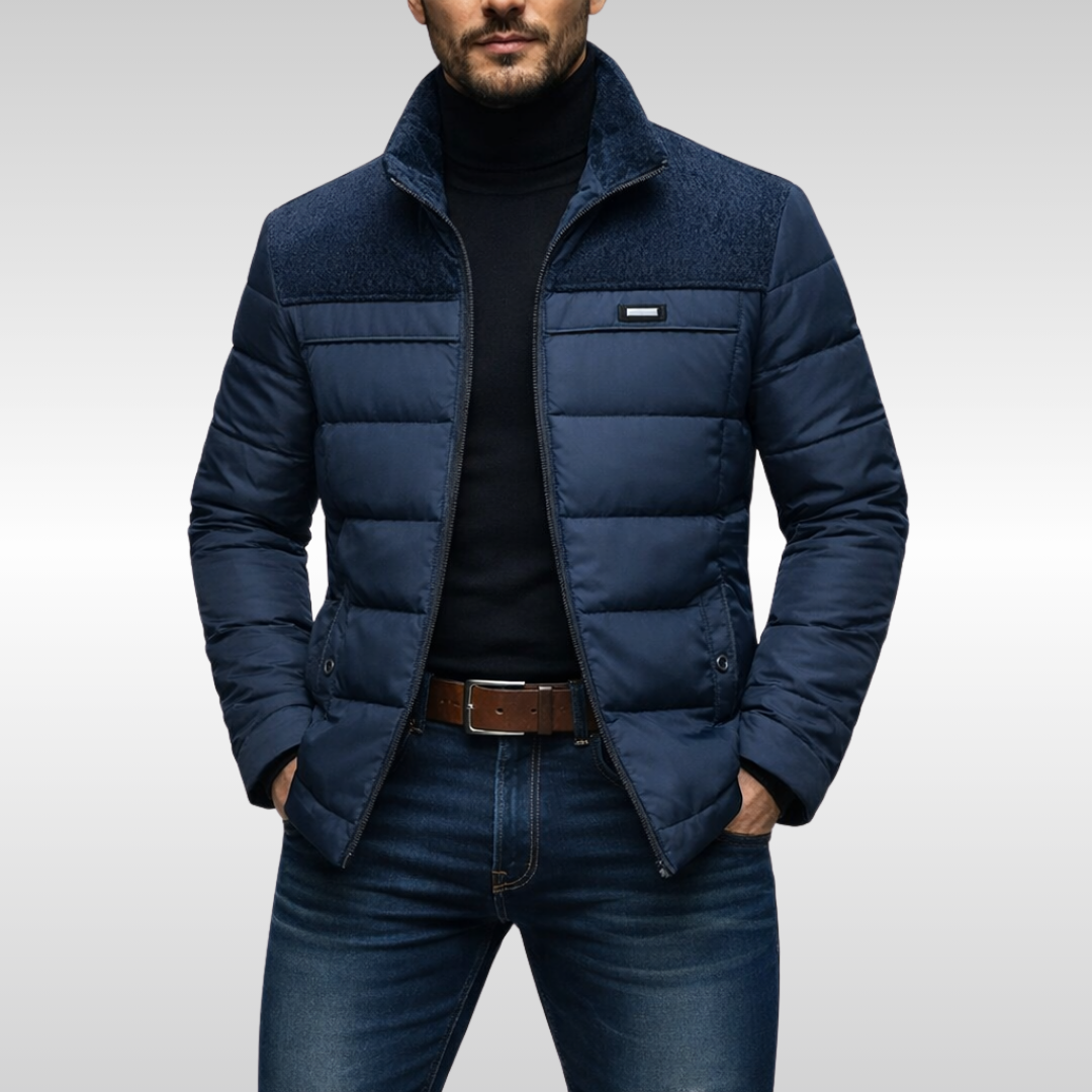 Men's insulated tech jacket for cold weather, a warm and modern quilted winter outerwear.
