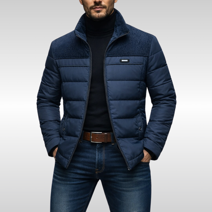 Men's insulated tech jacket for cold weather, a warm and modern quilted winter outerwear.