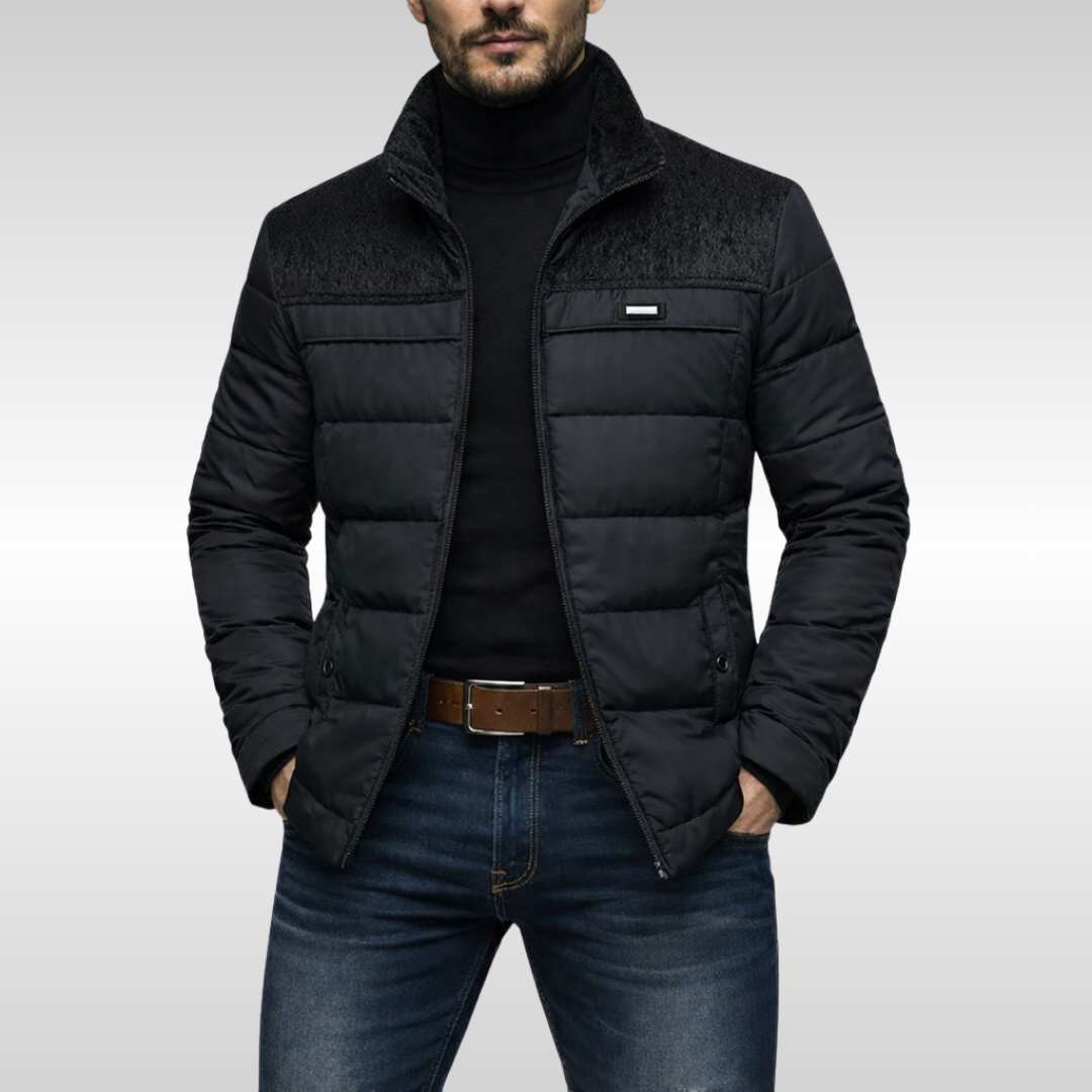 Casual men's tech jacket, insulated and quilted for everyday cold weather wear. Modern winter style.