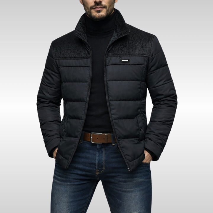 Casual men's tech jacket, insulated and quilted for everyday cold weather wear. Modern winter style.