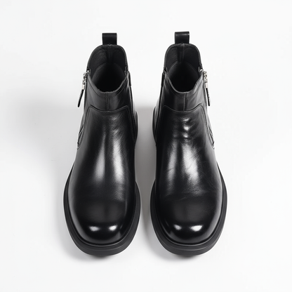 Close-up of Men's Ironwood dress boots, showing elegant craftsmanship and side zip detail, comfortable footwear.