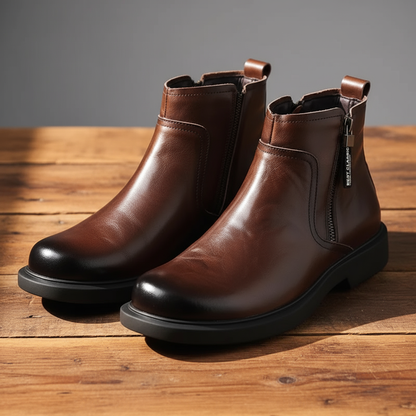 Brown Ironwood dress boots with side zip, comfortable & stylish for men's casual or formal wear.