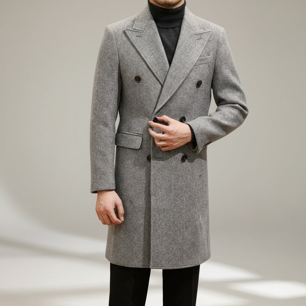 Men's Italian-style grey double-breasted overcoat, perfect for formal winter wear or smart casual outfits.