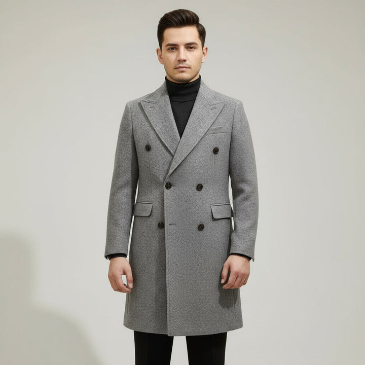 Tailored men's grey winter trench coat. Ideal Italian-style overcoat for formal occasions & smart casual looks.