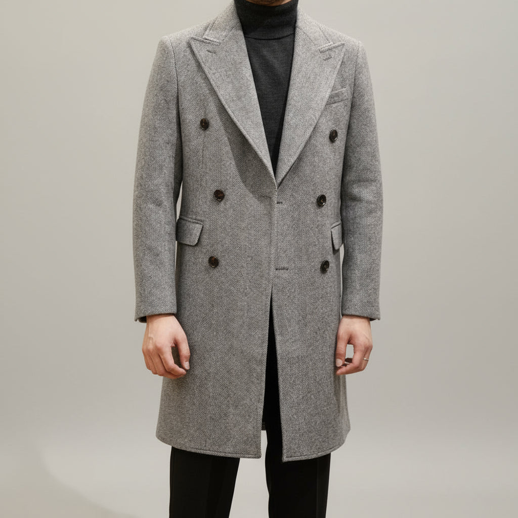 Stylish men's grey Italian-style overcoat. Double-breasted winter trench coat, suitable for formal & smart casual outfits.
