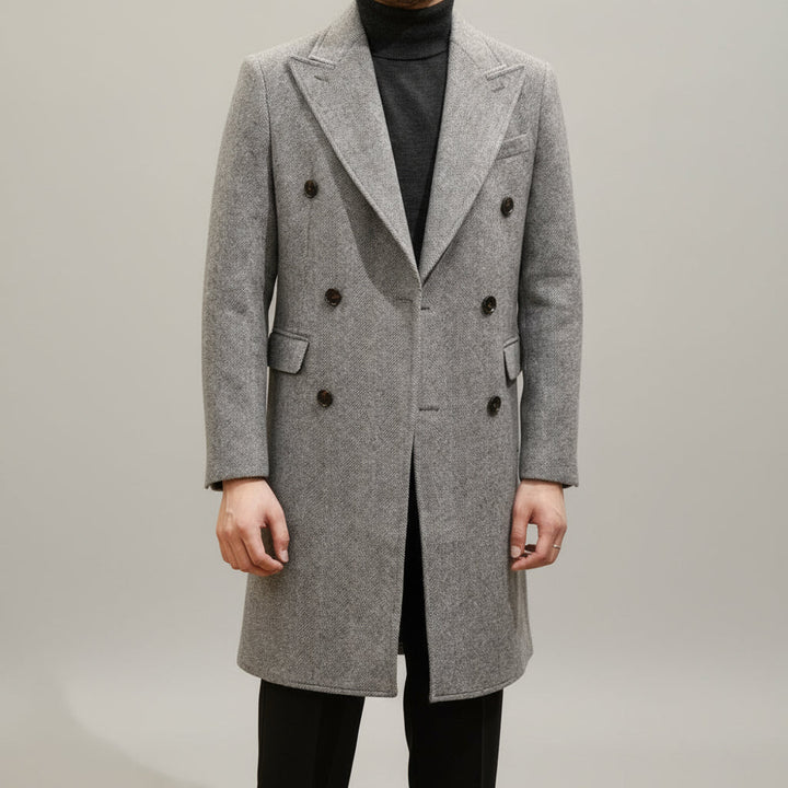 Stylish men's grey Italian-style overcoat. Double-breasted winter trench coat, suitable for formal & smart casual outfits.