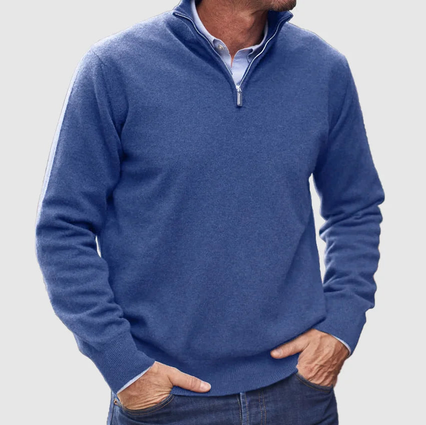 Elegant men's premium knit zipper sweater, designed for comfort and Italian-inspired style in versatile menswear.
