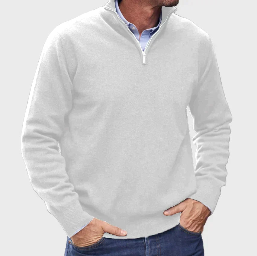 Versatile men's knit sweater with a sleek zipper, showcasing Italian craftsmanship & supreme comfort.