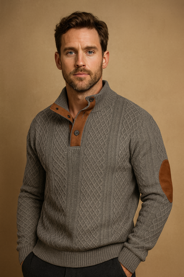 Stylish men's jacquard knitted sweater. Soft pullover design, perfect for casual or smart casual fall outfits.