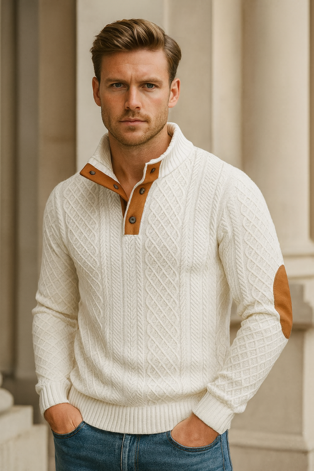 Warm men's jacquard knitted sweater. Relaxed fit pullover with button collar, great for winter smart casual wear.