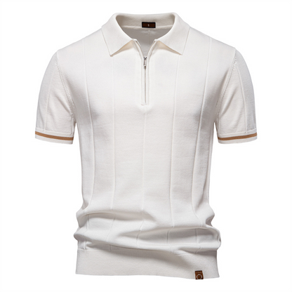 Men's Jacques Remy ribbed polo shirt with zip collar, short sleeves, perfect for smart casual summer style.