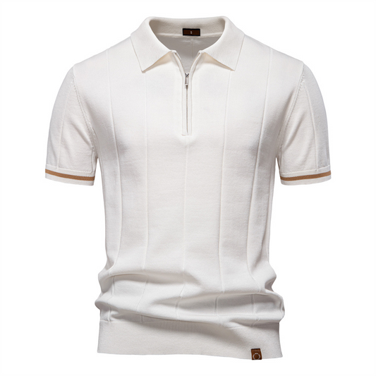 Men's Jacques Remy ribbed polo shirt with zip collar, short sleeves, perfect for smart casual summer style.