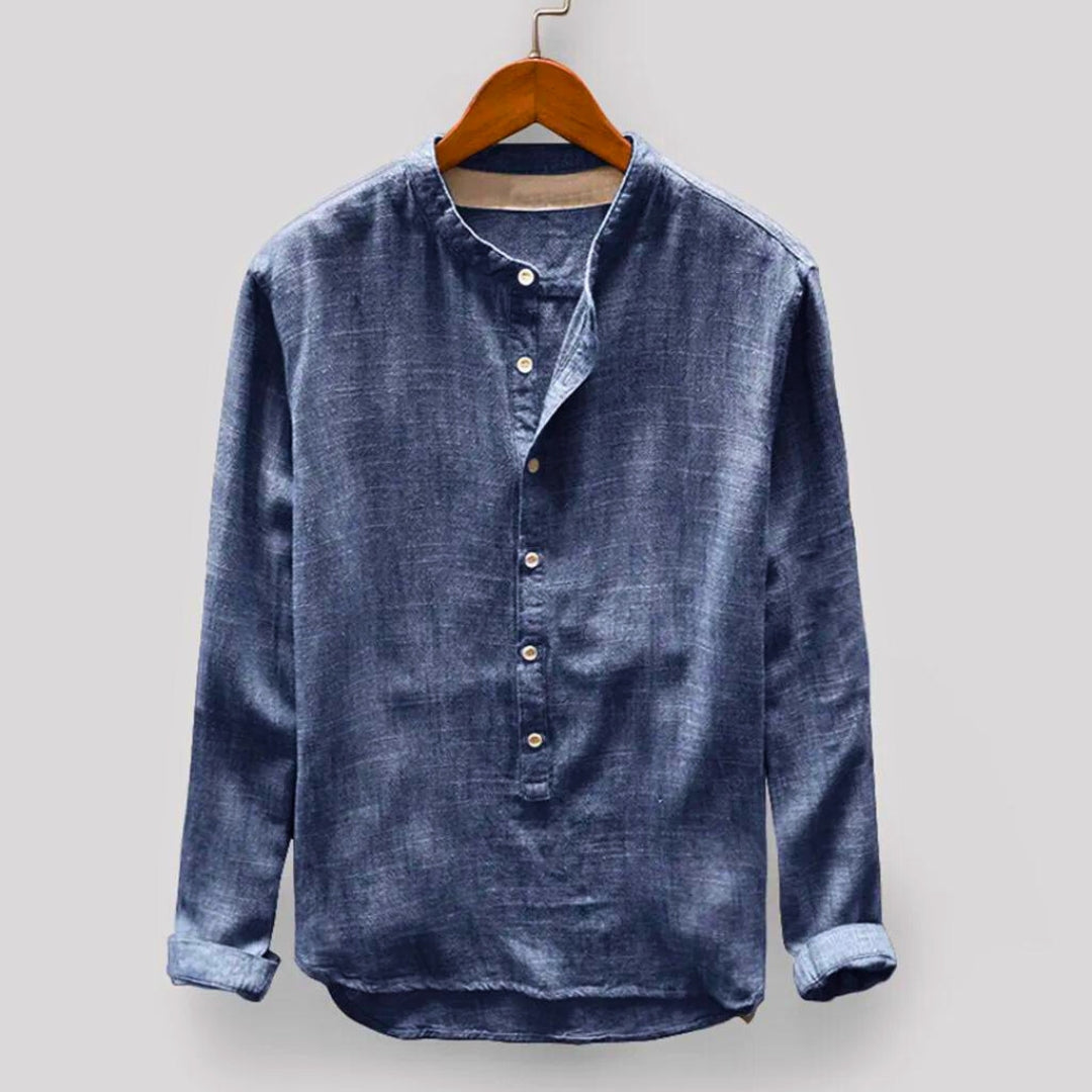 Men's Japanese inspired pullover shirt, modern comfort. Versatile long sleeve top for casual wear.
