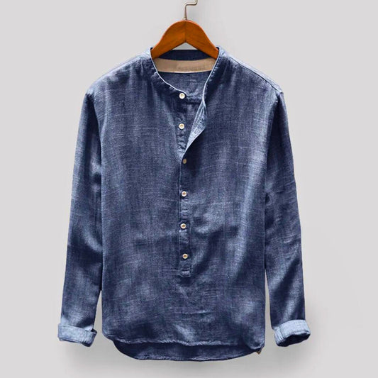 Men's Japanese inspired pullover shirt, modern comfort. Versatile long sleeve top for casual wear.