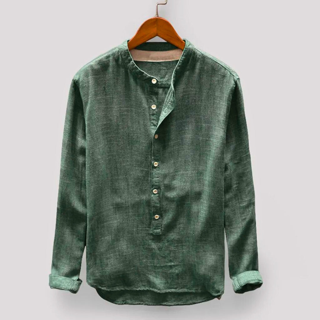Sophisticated men's long sleeve pullover shirt with modern Japanese design. Timeless casual wear.