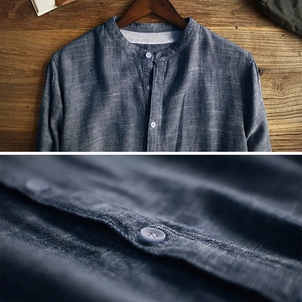 Casual men's Japanese inspired long sleeve pullover shirt. Modern, comfortable apparel for sophisticated style.
