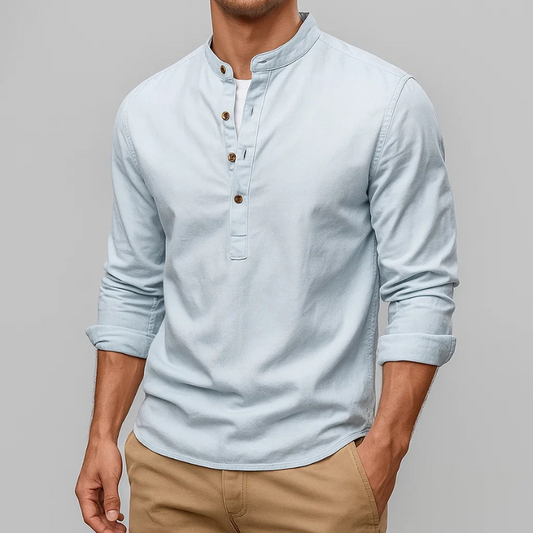 Men's Japanese style Henley shirt, tailored fit, long sleeve, perfect for casual everyday wear.