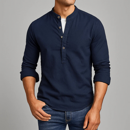 Comfortable men's long sleeve Henley shirt with a refined stand collar, Japanese style, versatile top.