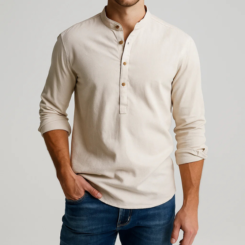 Stylish men's Henley shirt in Japanese style, long sleeve, tailored fit, essential for men's fashion.