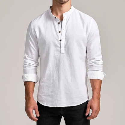 Effortless men's Japanese style Henley shirt, long sleeve, casual, tailored fit for a refined look.
