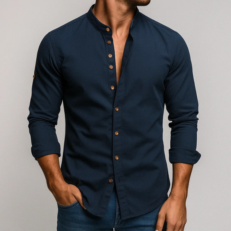 Men's Japanese style tailored shirt, long sleeve with a sophisticated stand collar and button-up front.