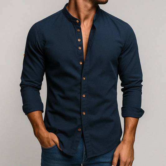Men's Japanese style tailored shirt, long sleeve with a sophisticated stand collar and button-up front.