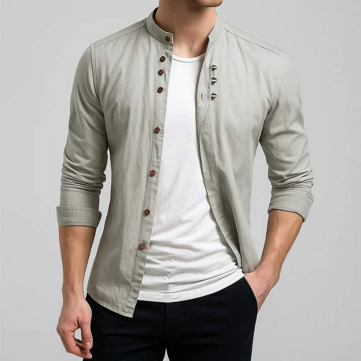 Modern men's tailored fit Japanese style shirt, a versatile long-sleeve casual or elegant button-up.