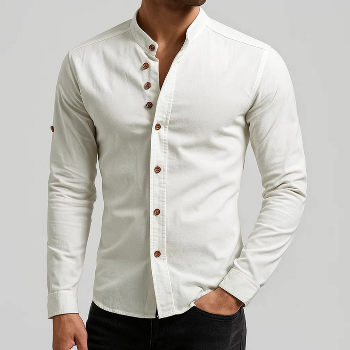 Sophisticated men's Japanese style button-up shirt, tailored fit, long sleeve, perfect for a modern casual look.