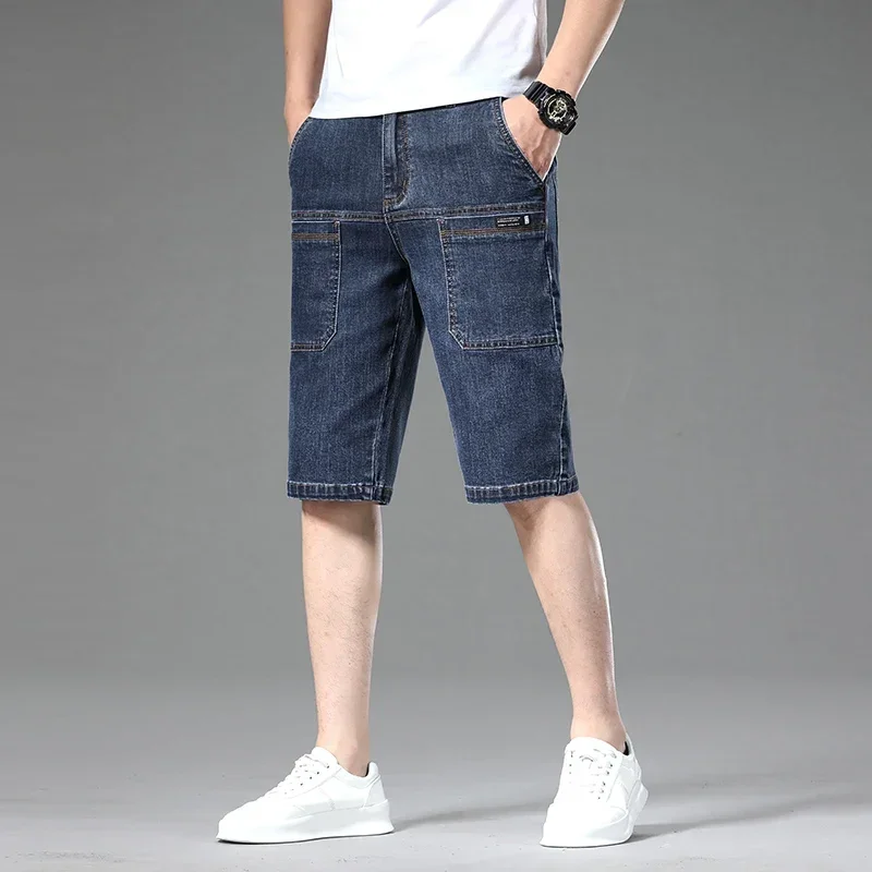 Light blue modern fit men's denim shorts, Jefferson style, with practical multi-pockets for utility.