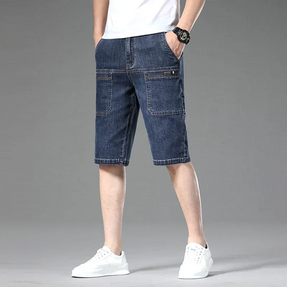 Light blue modern fit men's denim shorts, Jefferson style, with practical multi-pockets for utility.