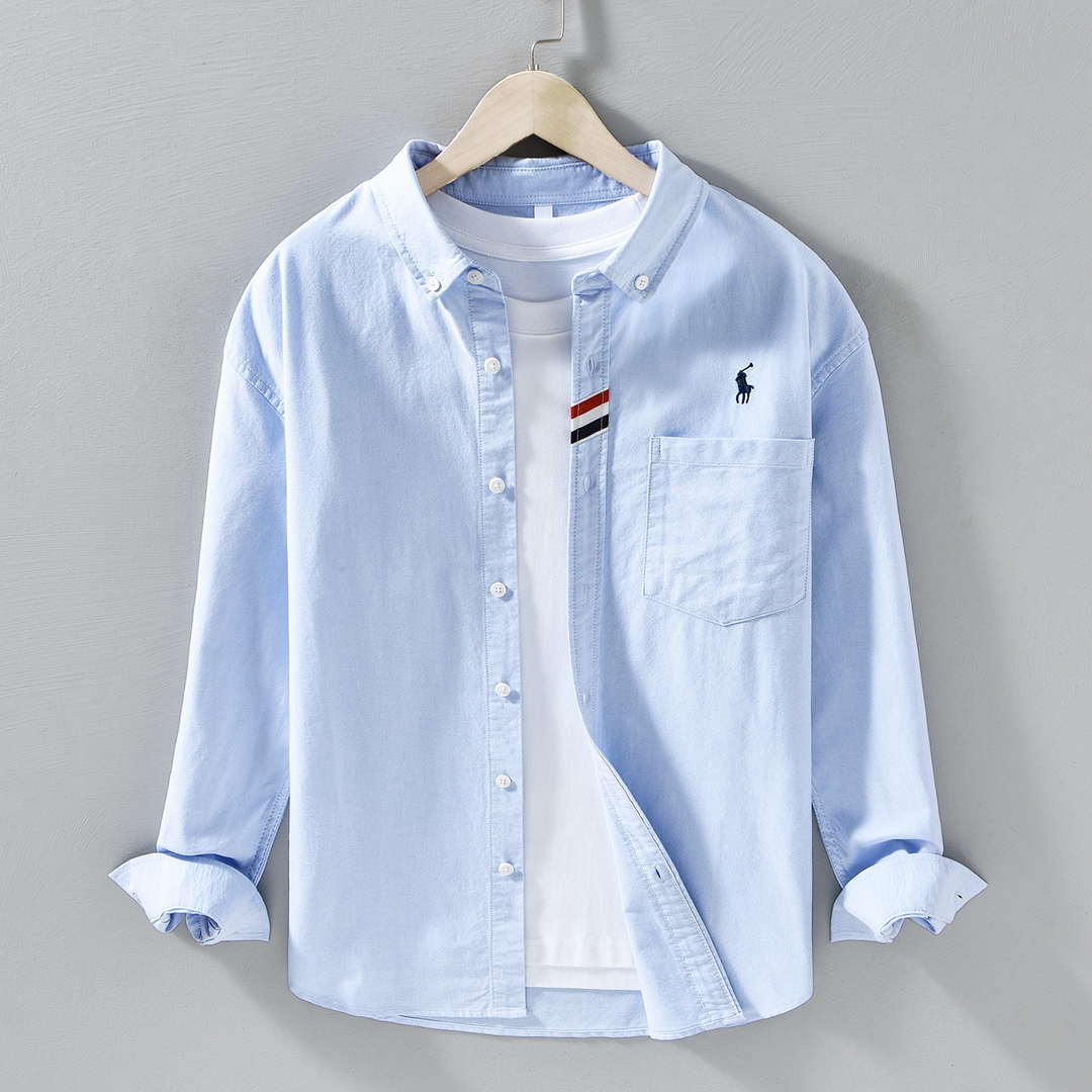 Men's Julian button-front shirt with a distinctive striped placket. Tailored long sleeve for smart casual wear.
