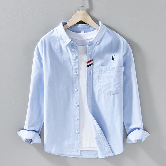 Men's Julian button-front shirt with a distinctive striped placket. Tailored long sleeve for smart casual wear.