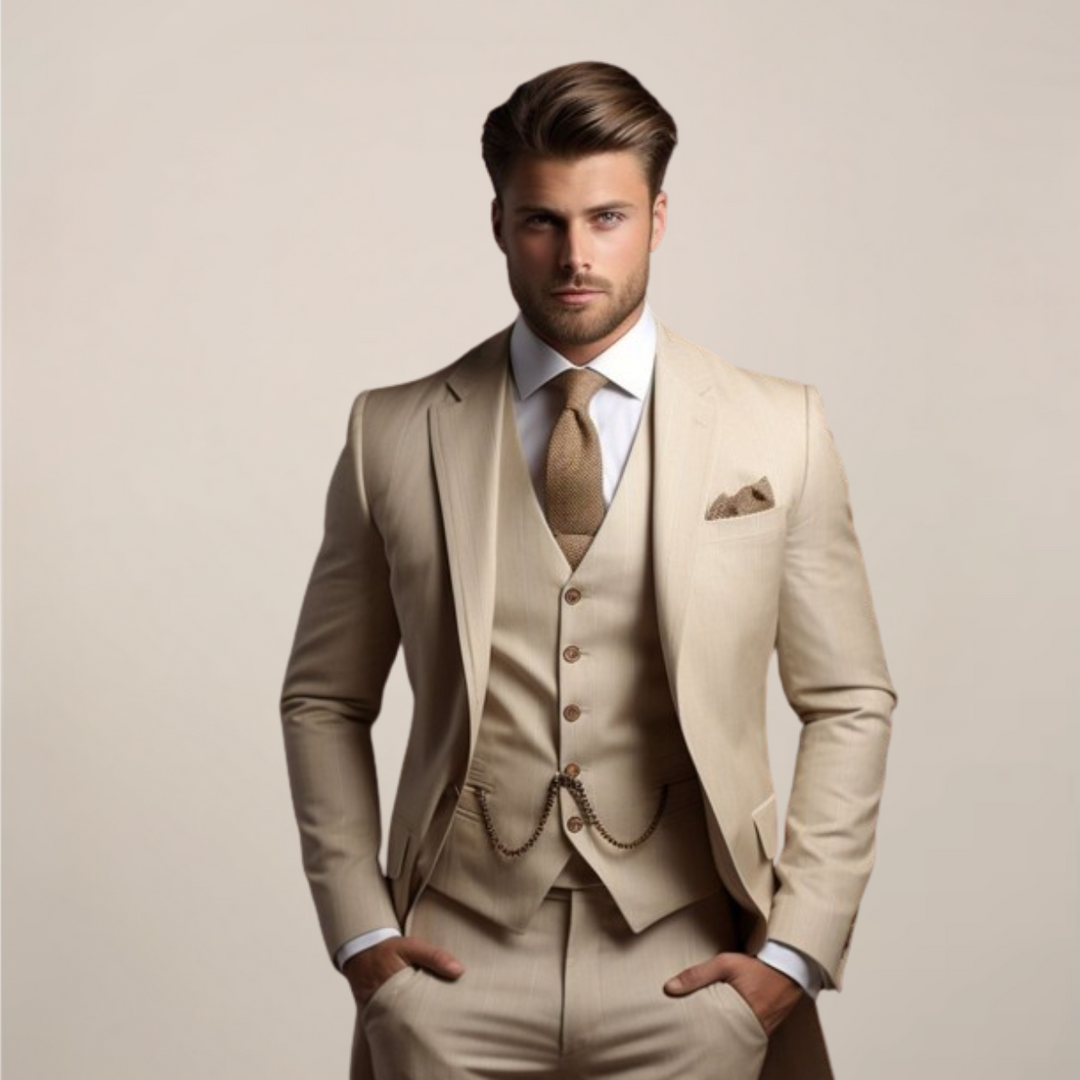 Stylish men's slim fit three-piece business suit, perfect for office, meetings & professional attire.
