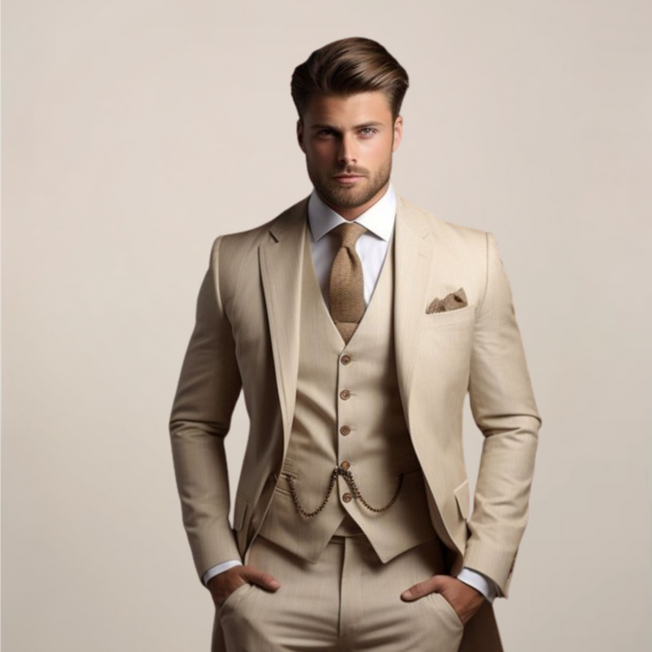 Stylish men's slim fit three-piece business suit, perfect for office, meetings & professional attire.