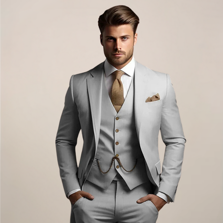 Elegant men's three-piece wedding suit. Tailored slim fit formal wear for special occasions.